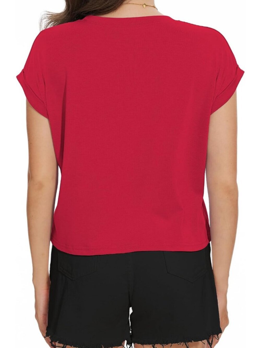 Women's Red Crew Neck Cap Sleeves Crop Summer Casual Pull On Basic Tees Shirts - Picture 5 of 6